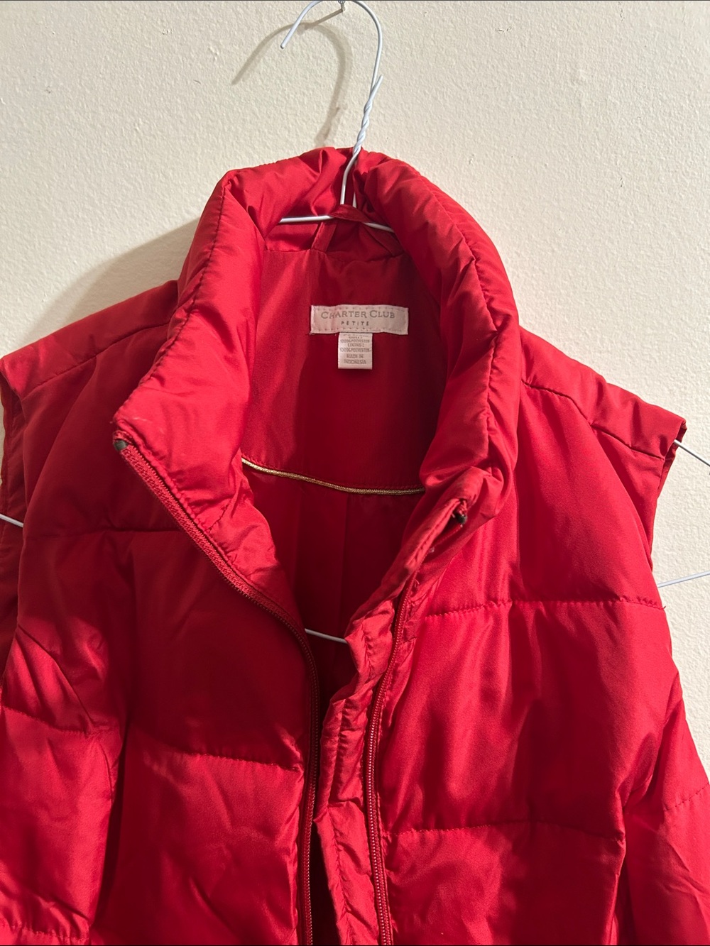 Charter Club Women's Red Quilted Puffer Vest with Stand Collar